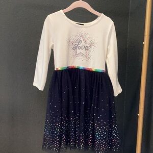 Tulle Kids Formal Dress - White and Navy with rainbow rhinestones and accentes